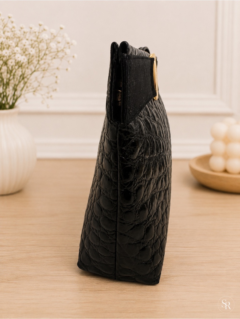 VTG Salvatore Ferragamo Black Croc Embossed Leather Vara Bow Clutch Shoulder Bag - Picture 6 of 11